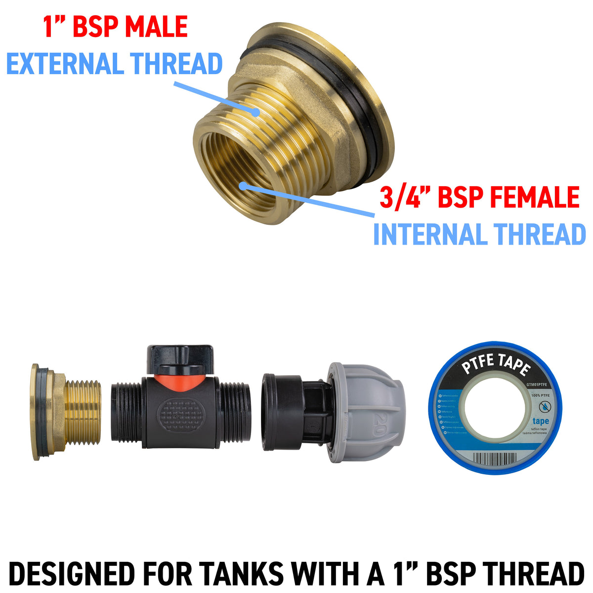 Water Butt Brass Kit 1in with In-Line Valve + 20mm MDPE for Brass Water Fitting