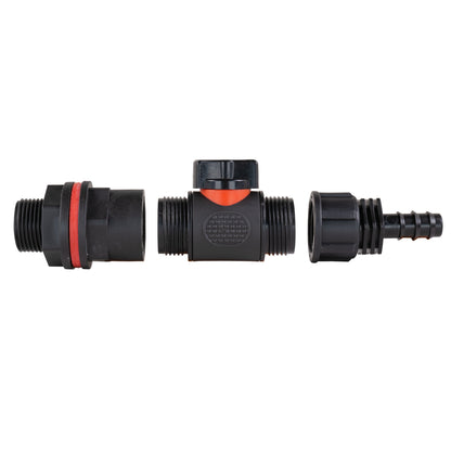 Water Butt Kit 3/4in with In-Line Valve + 1/2in Barb and Drill Bit
